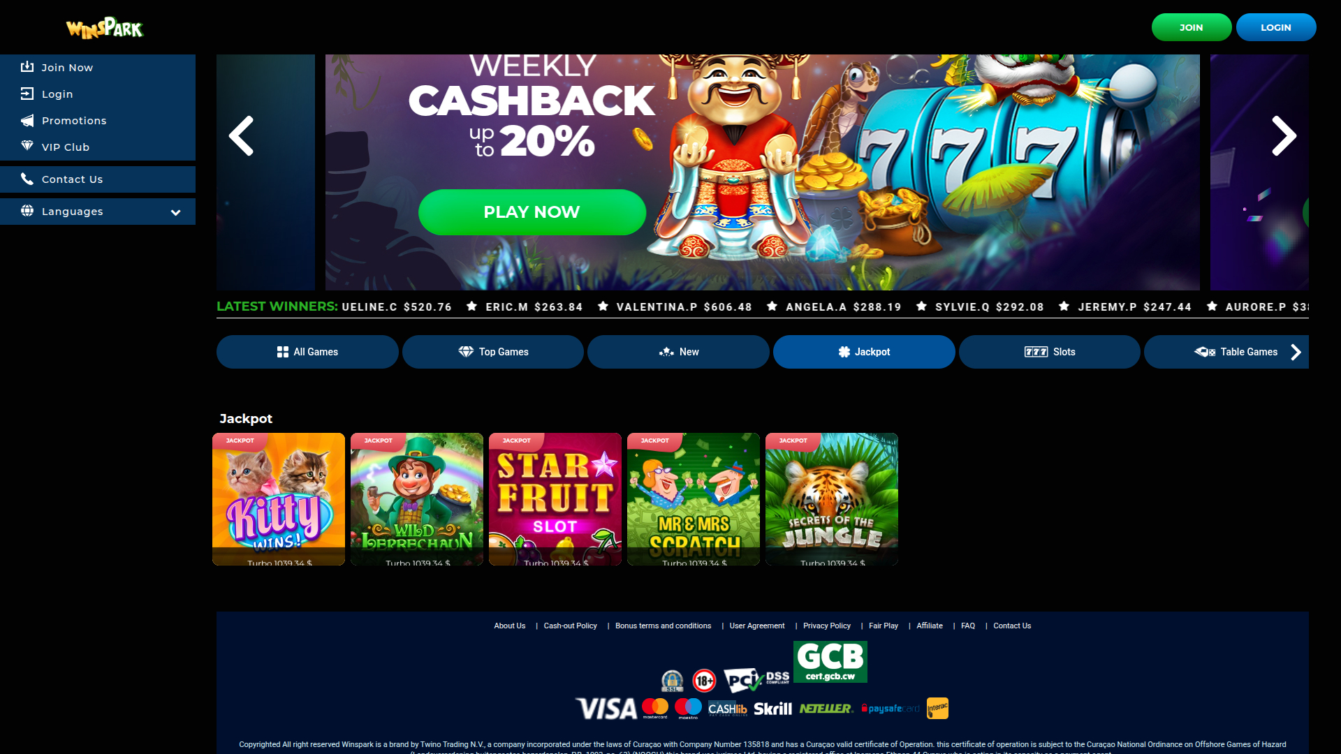 Jackpot sur ordinateur de Winspark