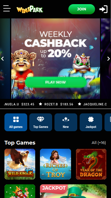 Page d'accueil mobile de Winspark