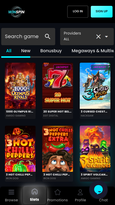 Screenshot della pagina dei giochi per dispositivi mobili di WinSpin Casino