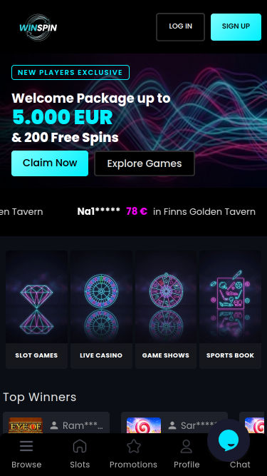 Screenshot della homepage mobile di WinSpin Casino