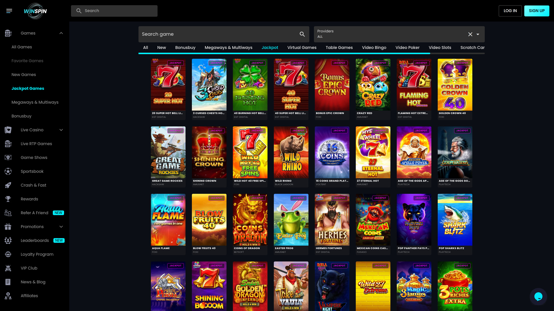 Screenshot della pagina dei giochi con jackpot del casinò WinSpin