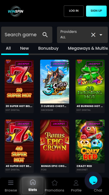 Screenshot della pagina dei giochi con jackpot mobile di WinSpin Casino