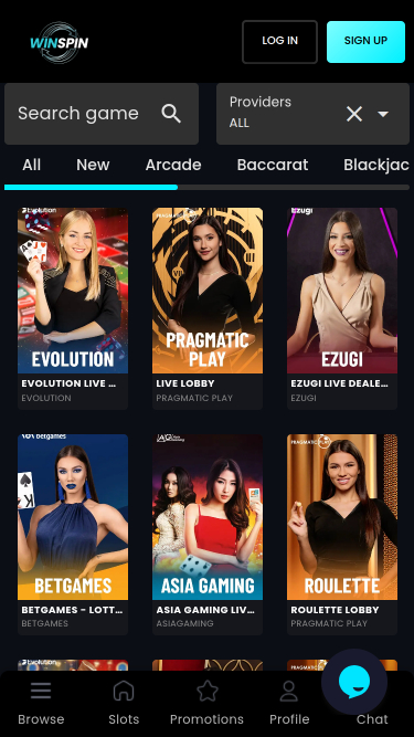 Screenshot della pagina mobile con croupier dal vivo di WinSpin Casino