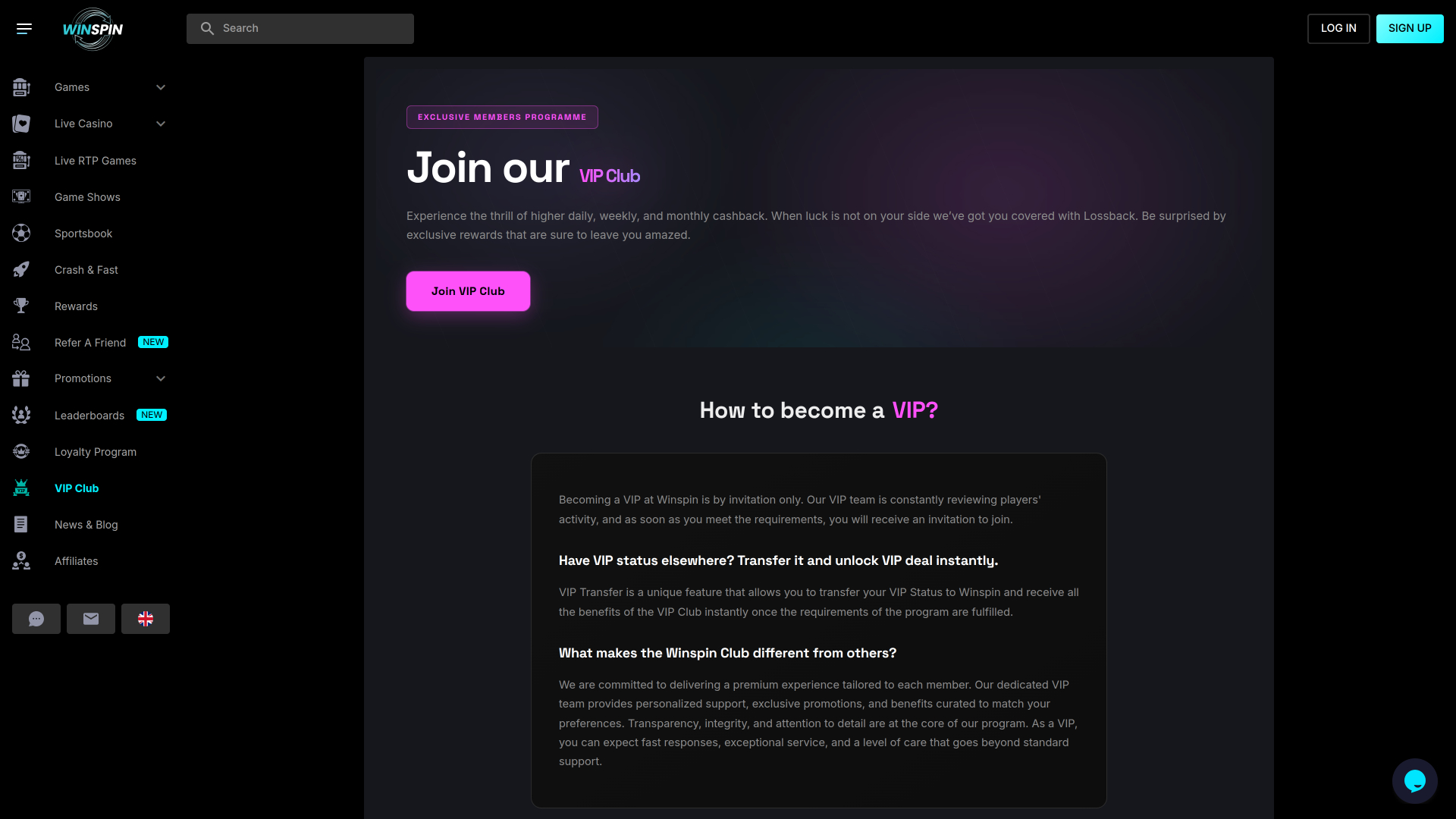 Screenshot della pagina VIP del casinò WinSpin