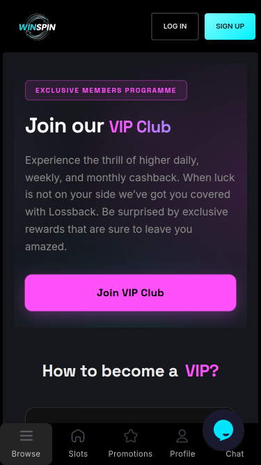 Screenshot della pagina VIP del casinò WinSpin
