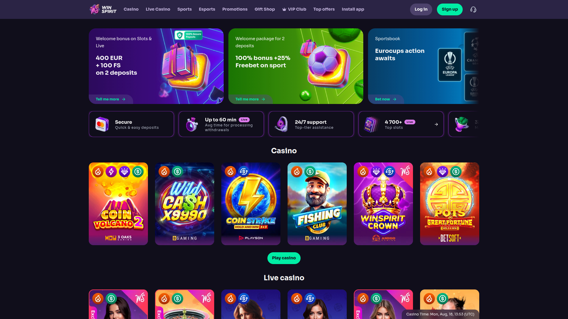 Homepage desktop di WinSpirit Casino