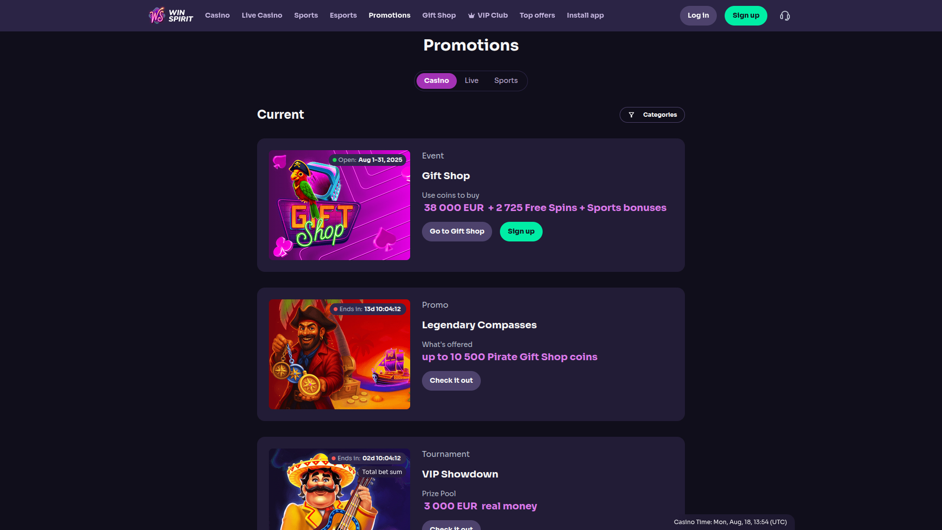 Promozioni desktop di WinSpirit Casino