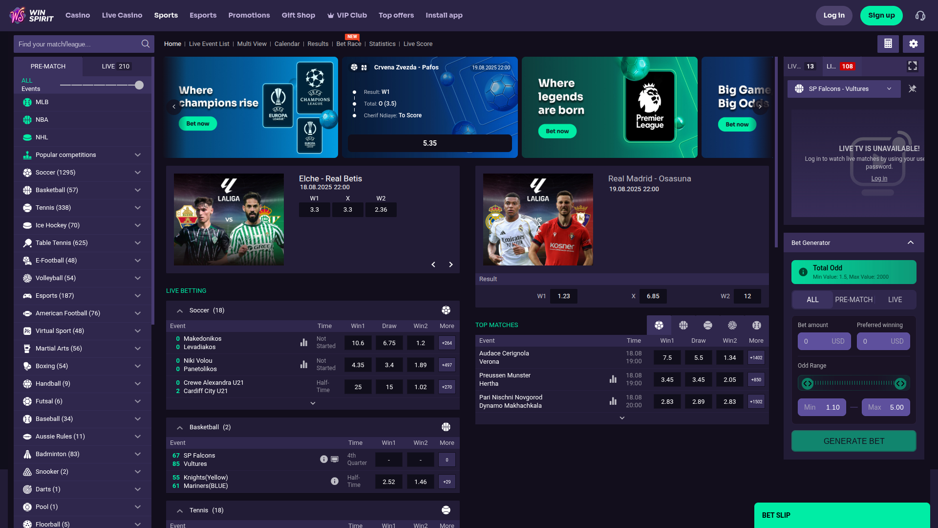 Sport desktop di WinSpirit Casino