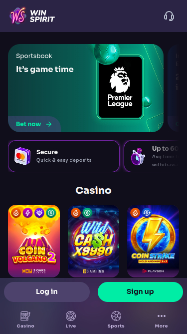 Homepage mobile di WinSpirit Casino