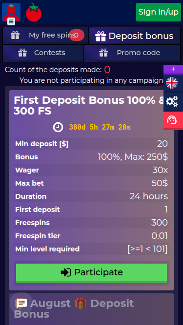 Promotions mobiles de Wintomato Casino