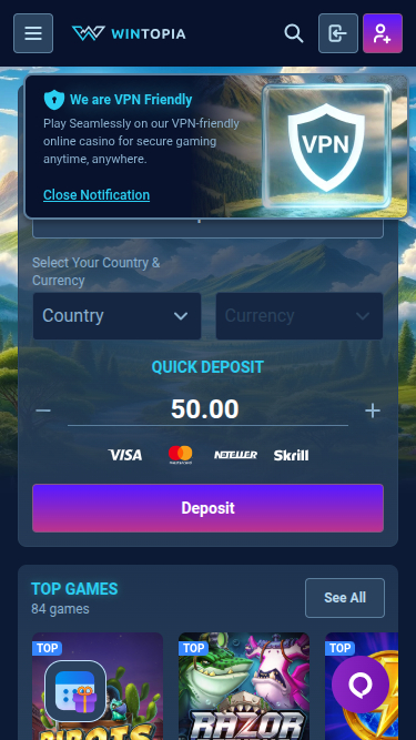 Página de inicio móvil de Wintopia