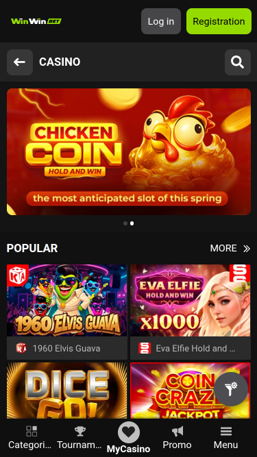 Главная страница мобильного приложения казино WinWin