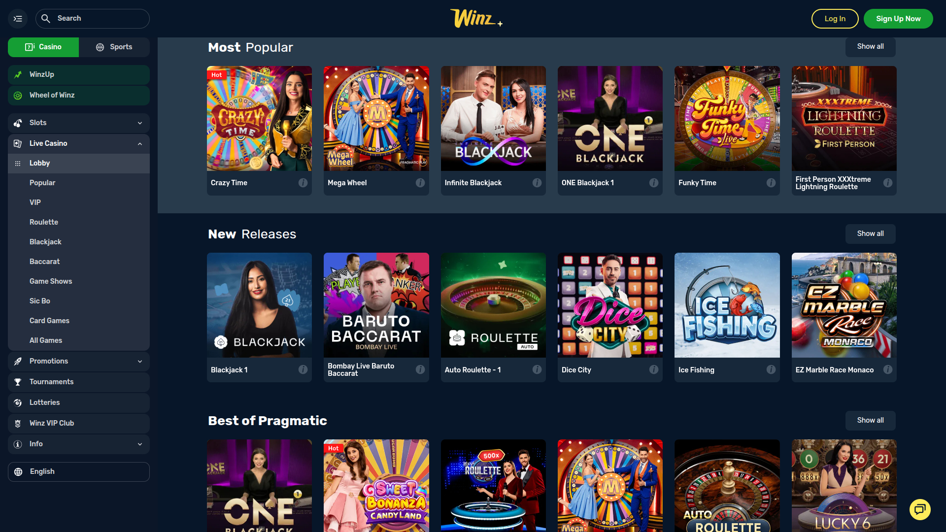 Croupier en direct sur bureau de Winz Casino