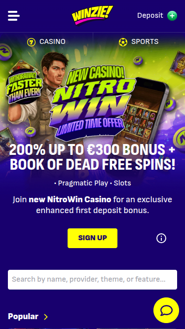 Homepage mobile di Winzie