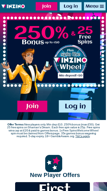 Página de inicio móvil de Winzino Casino
