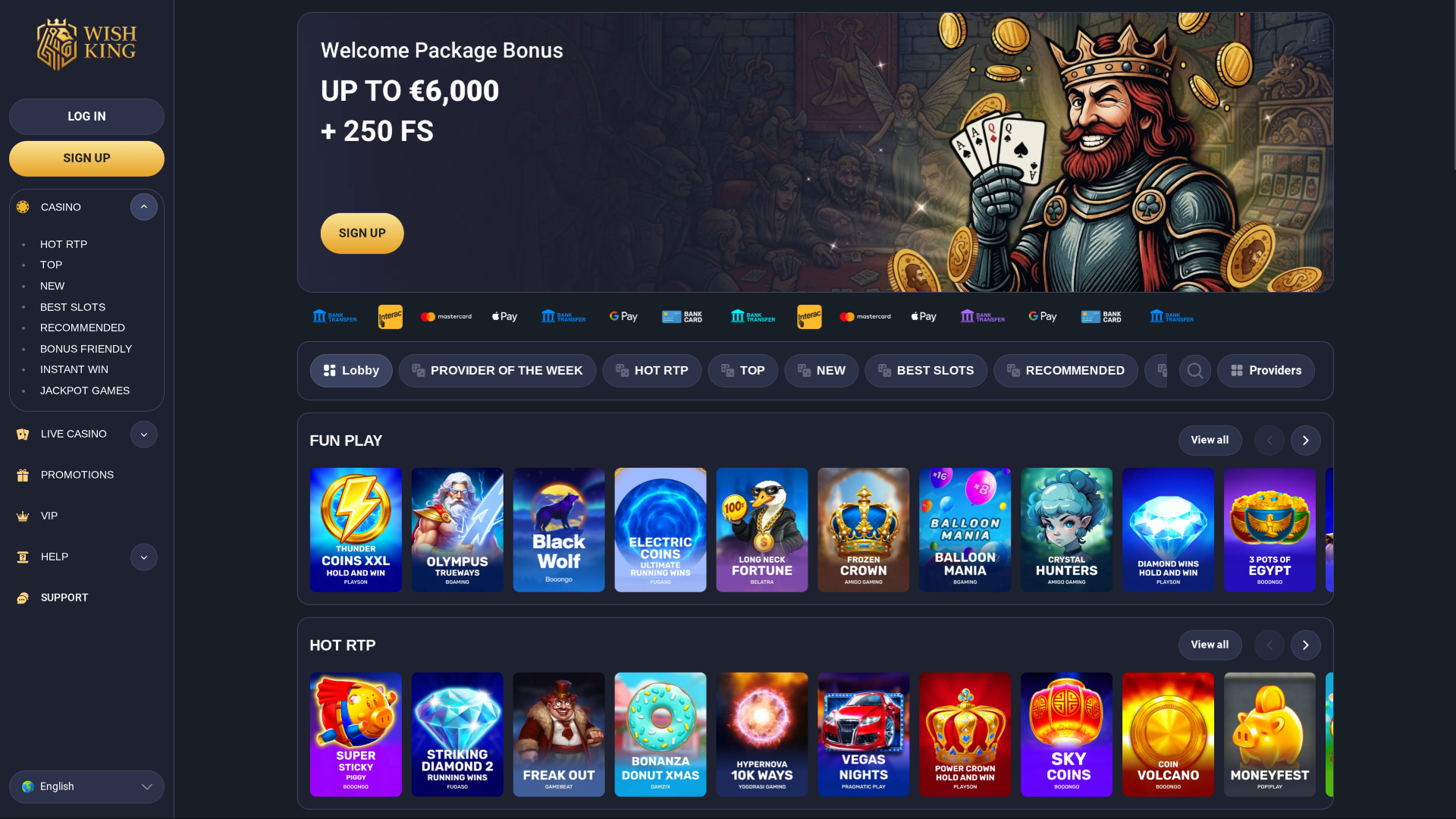 Pagina iniziale desktop di Wishking Casino