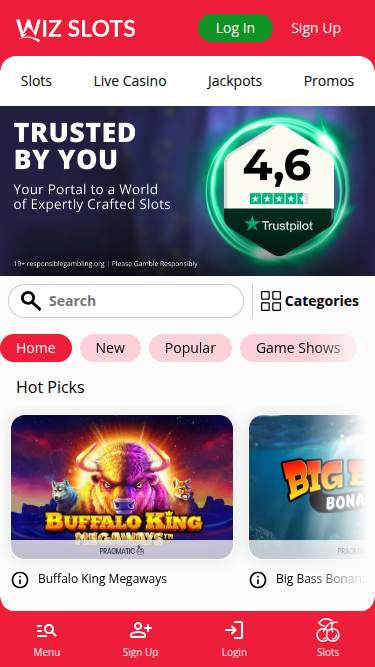 Page d'accueil mobile de Wiz Slots Casino