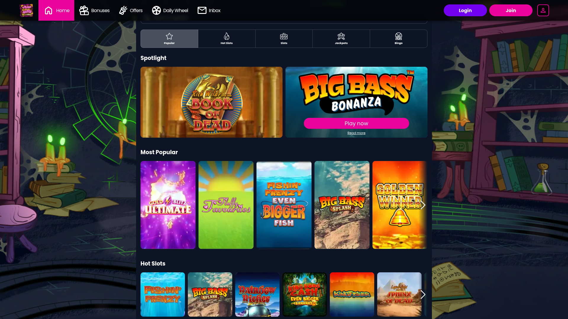 Jeux de bureau de Wizard Slots Casino