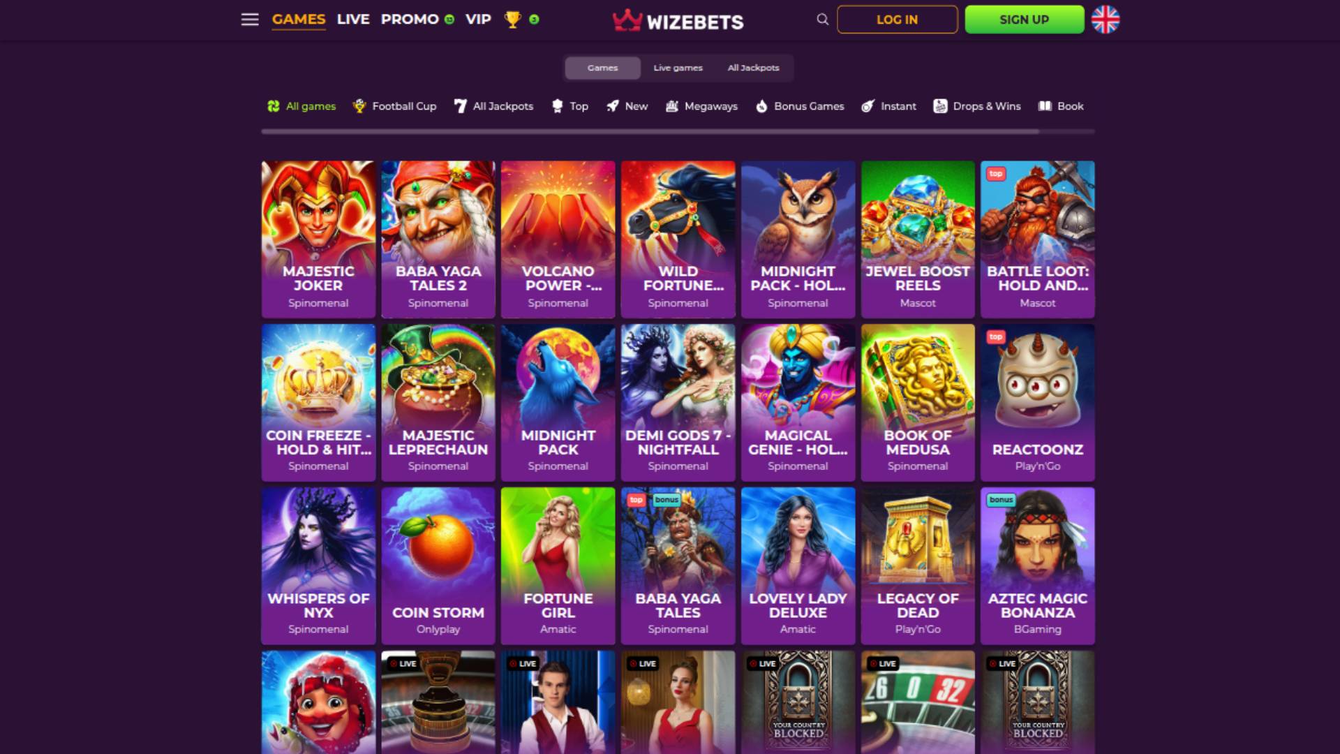 Скриншот страницы игр казино Wizebets