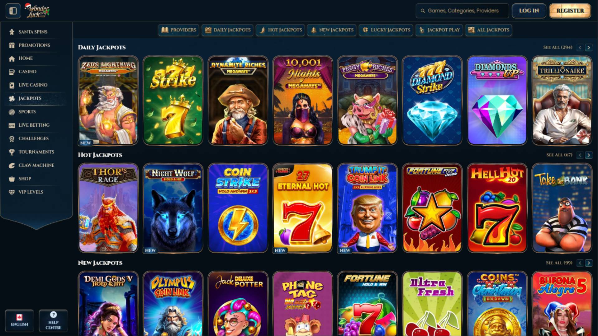 Screenshot der Jackpot-Seite von WonderLuck Casino