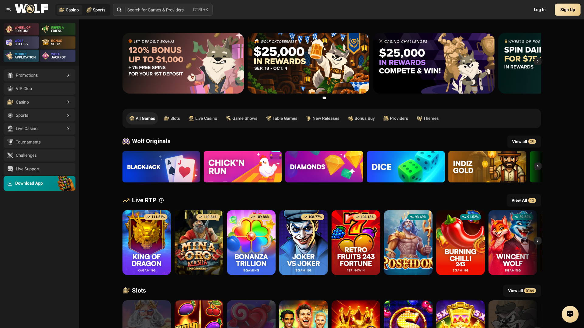 Giochi per desktop del casinò Wolf.io
