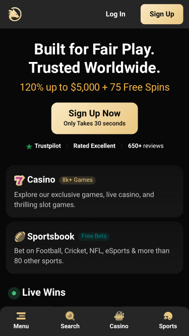Pagina iniziale mobile di Wolf.io Casino