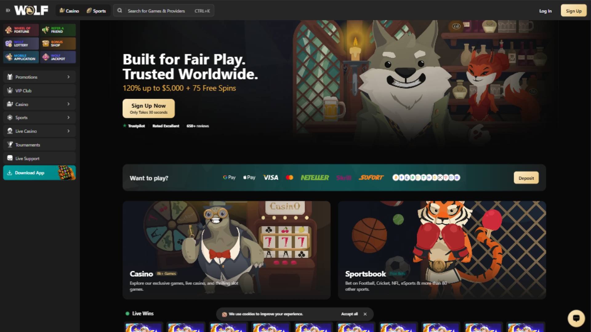 Captura de pantalla de la página de inicio de Wolf.io Casino