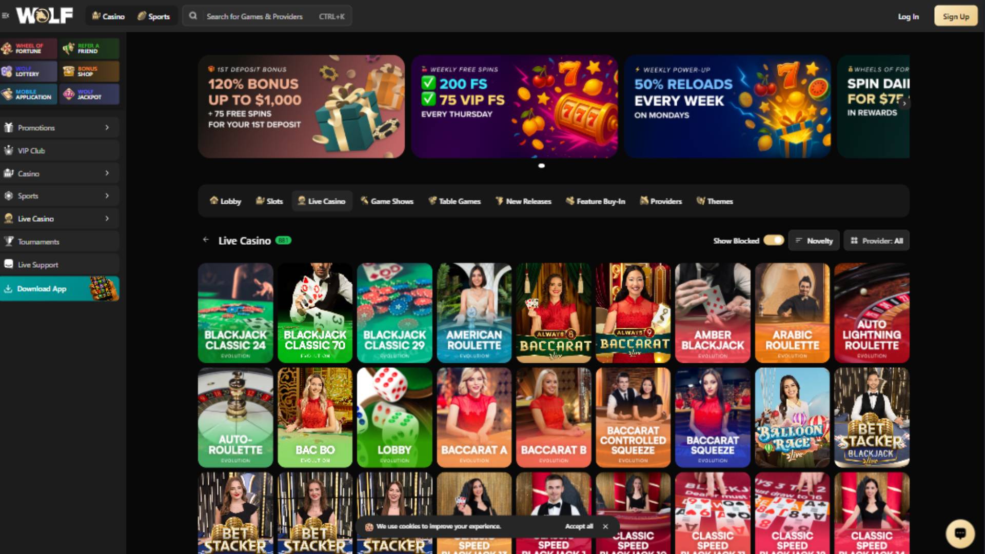 Captura de pantalla de la página en vivo de Wolf.io Casino