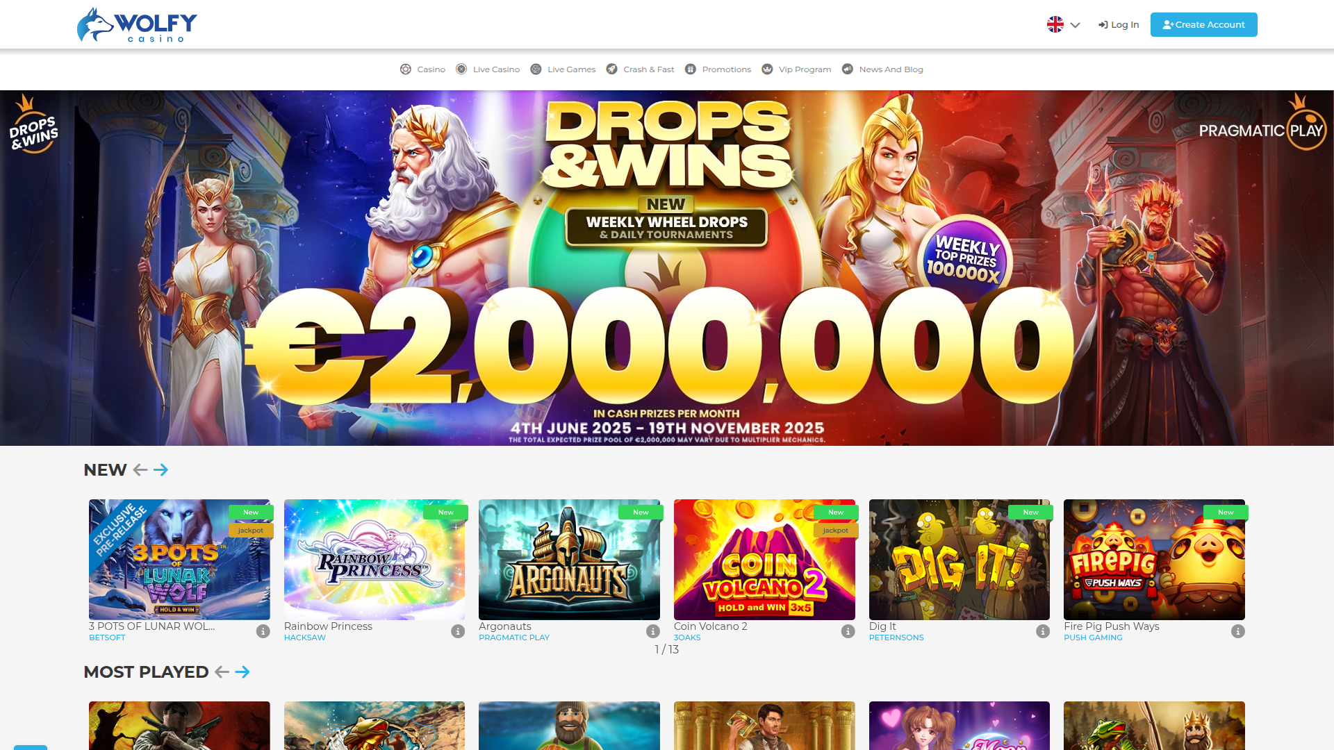 Page d'accueil sur ordinateur de Wolfy Casino