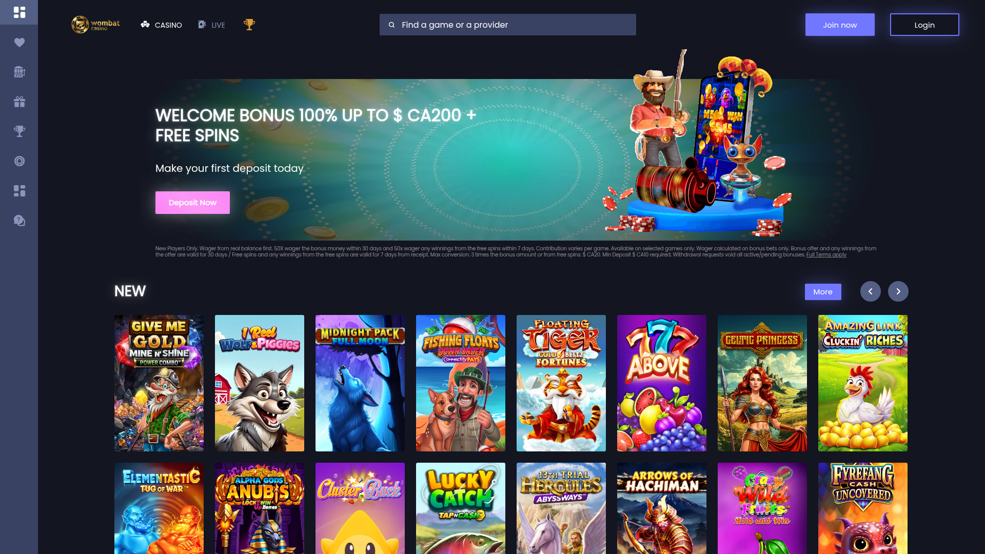 Page d'accueil sur ordinateur de Wombat Casino
