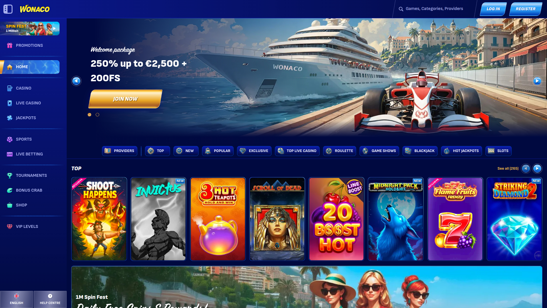 Página de inicio de escritorio de Wonaco Casino