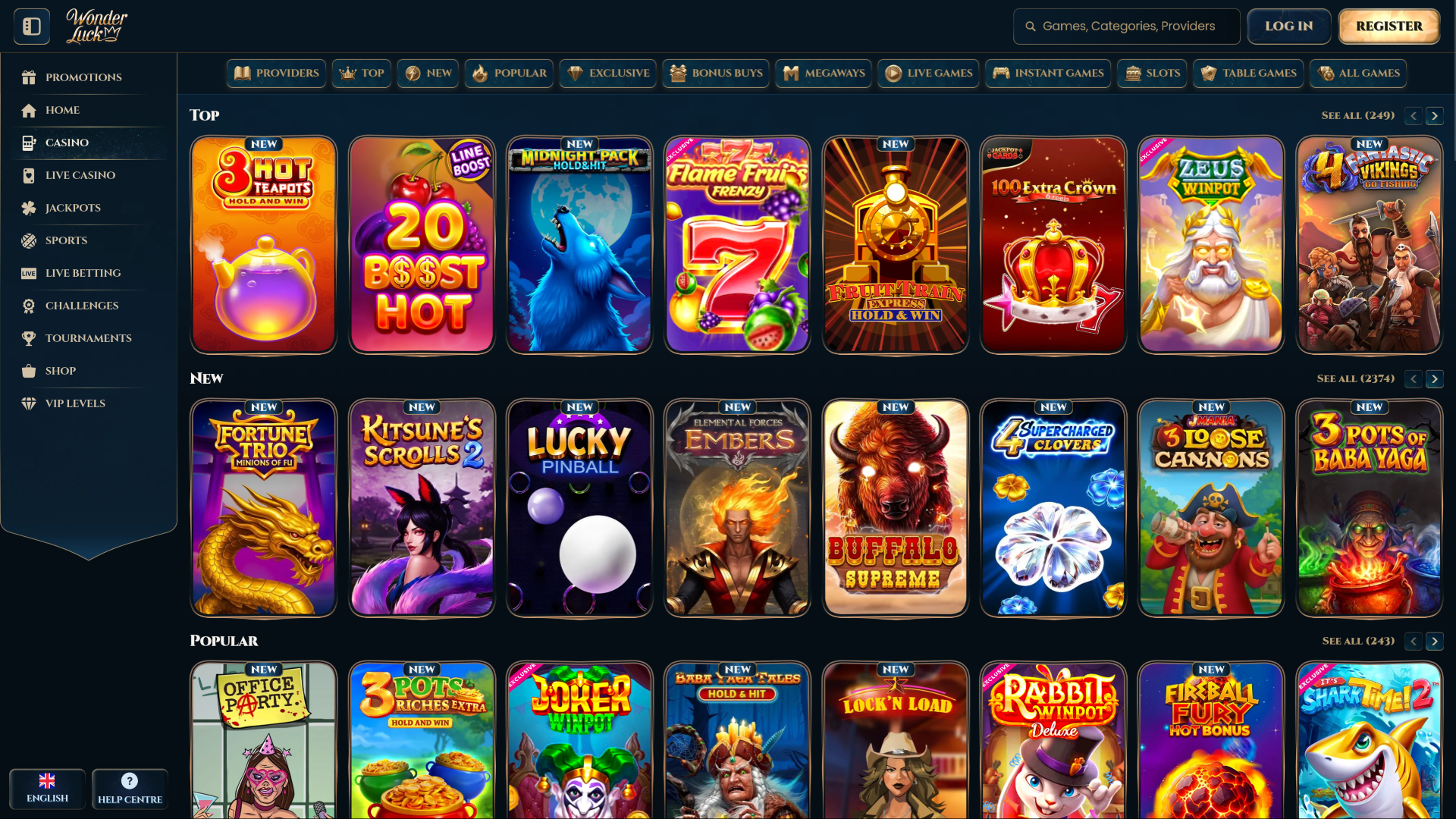 Screenshot della pagina dei giochi di WonderLuck Casino