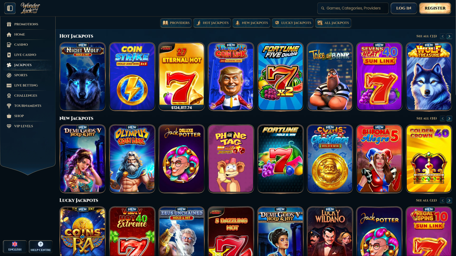 Screenshot della pagina dei jackpot del casinò WonderLuck