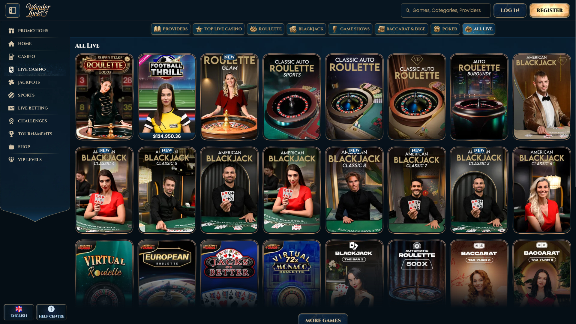 Screenshot in diretta della pagina di WonderLuck Casino