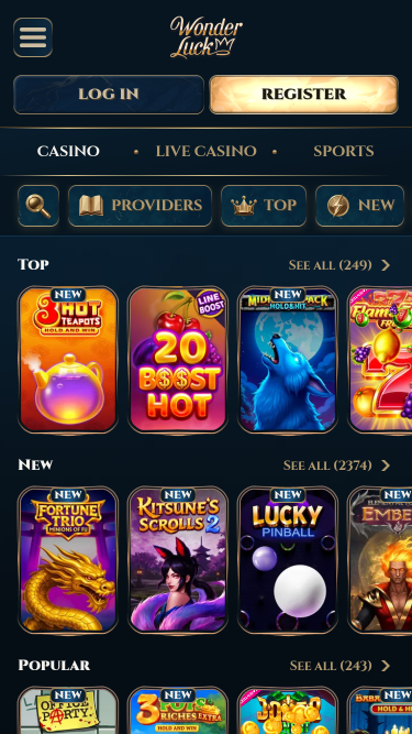Screenshot della pagina mobile di WonderLuck Casino