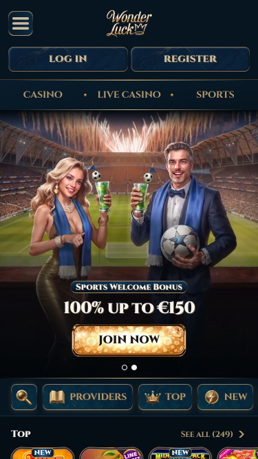 Screenshot della homepage mobile di WonderLuck Casino