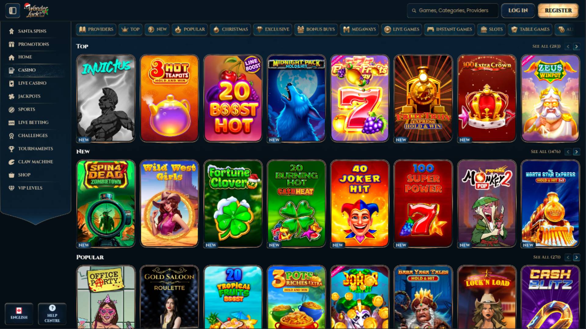 Screenshot der Spieleseite von WonderLuck Casino
