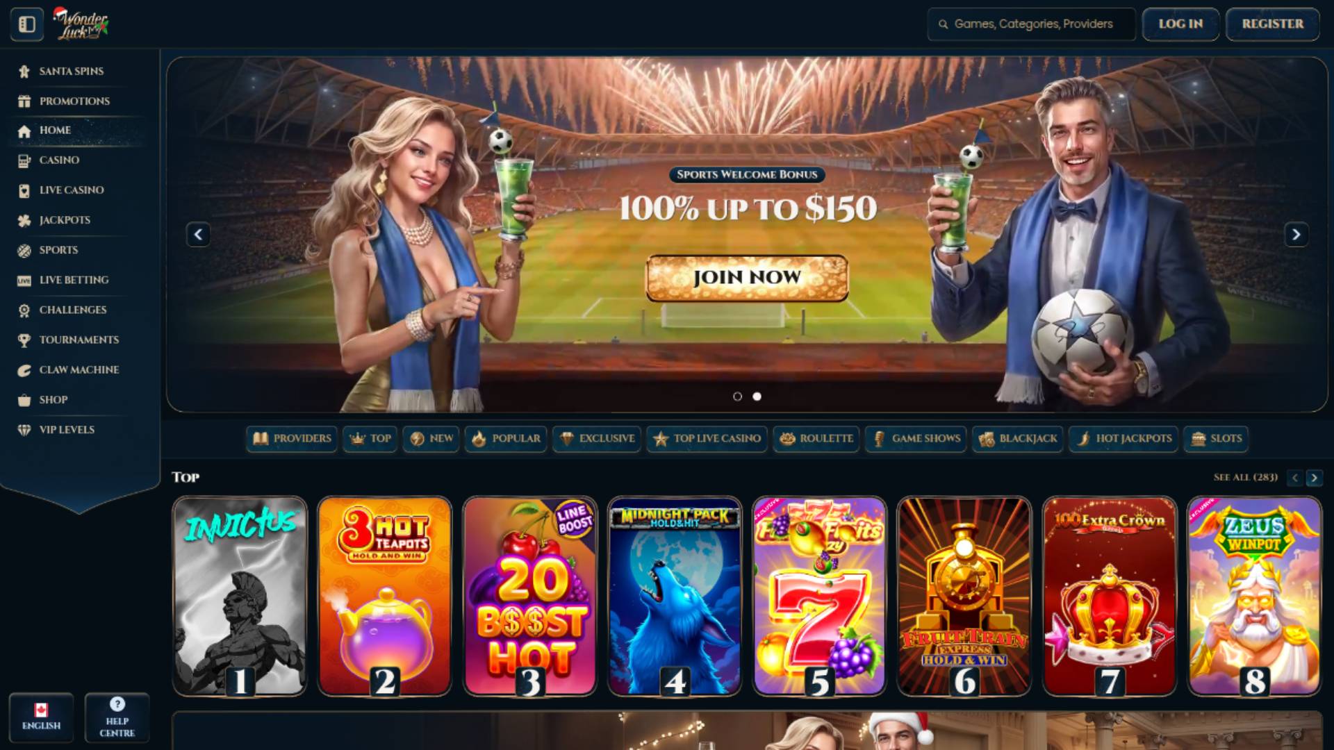Screenshot der Homepage von WonderLuck Casino