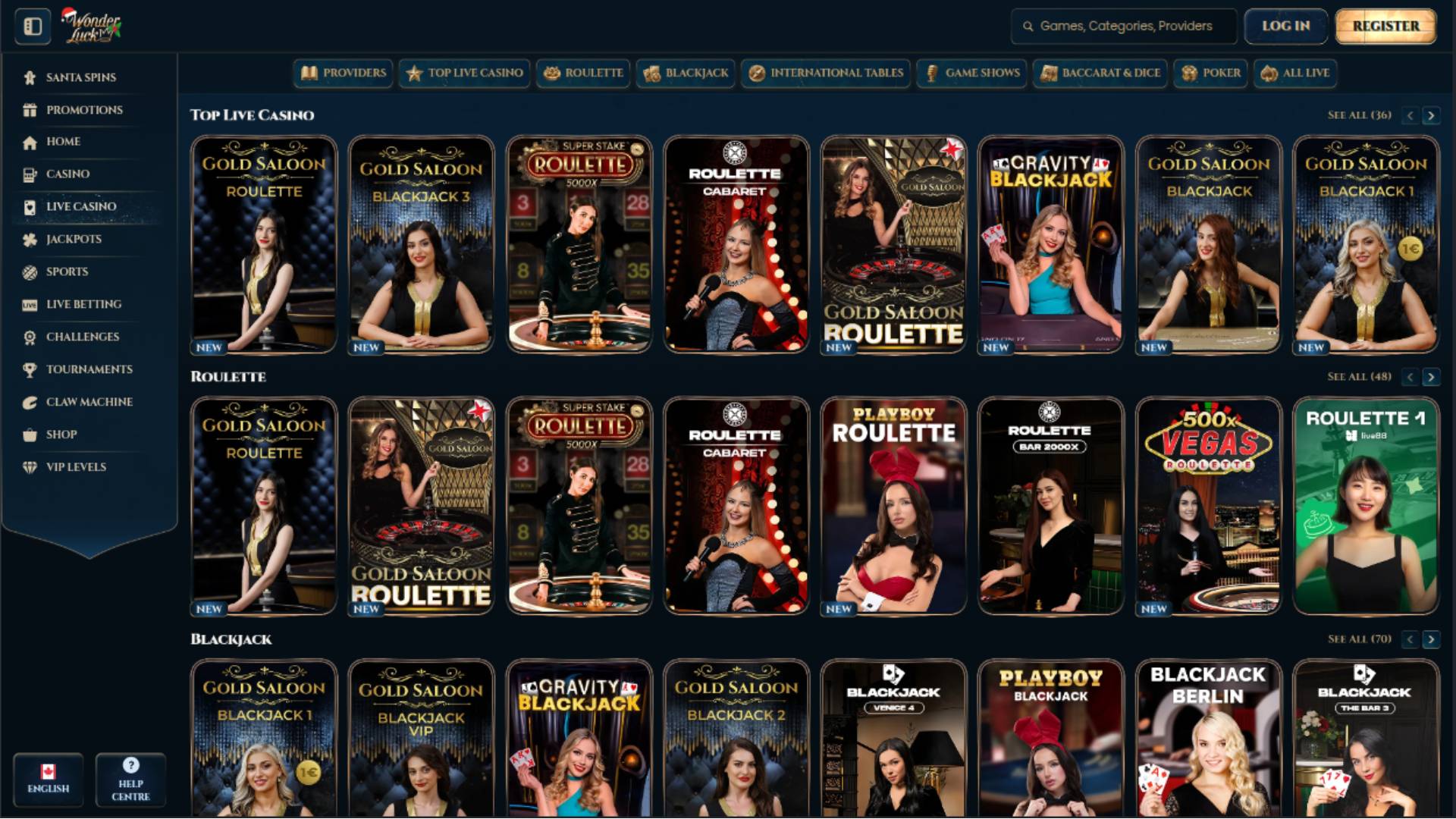 Screenshot der Live-Seite von WonderLuck Casino