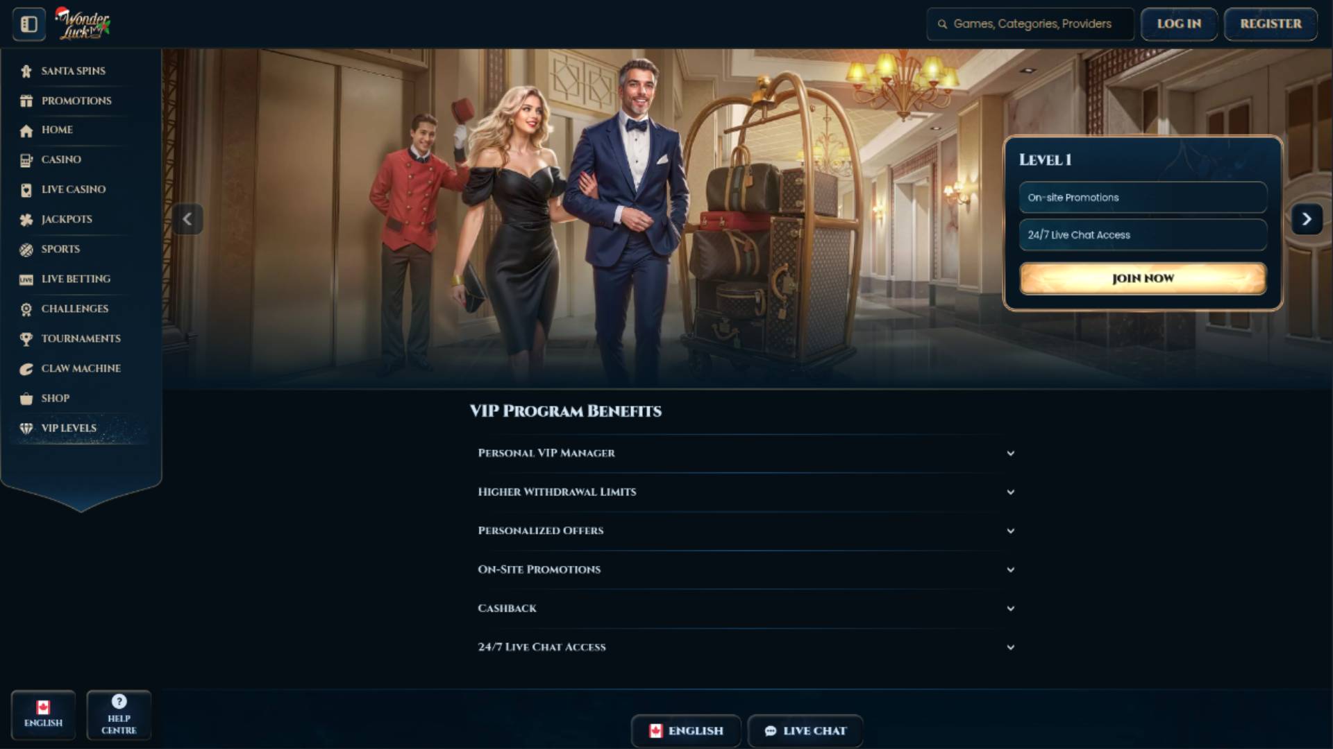 Screenshot der VIP-Seite von WonderLuck Casino
