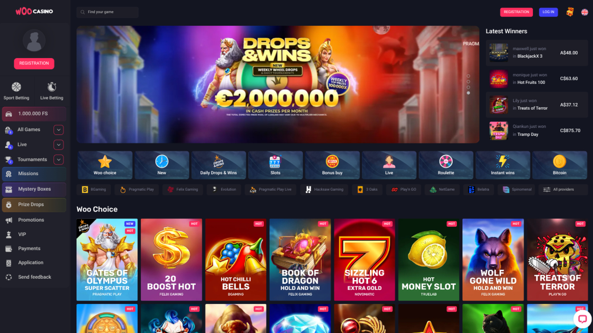 Главная страница Woo Casino для компьютера