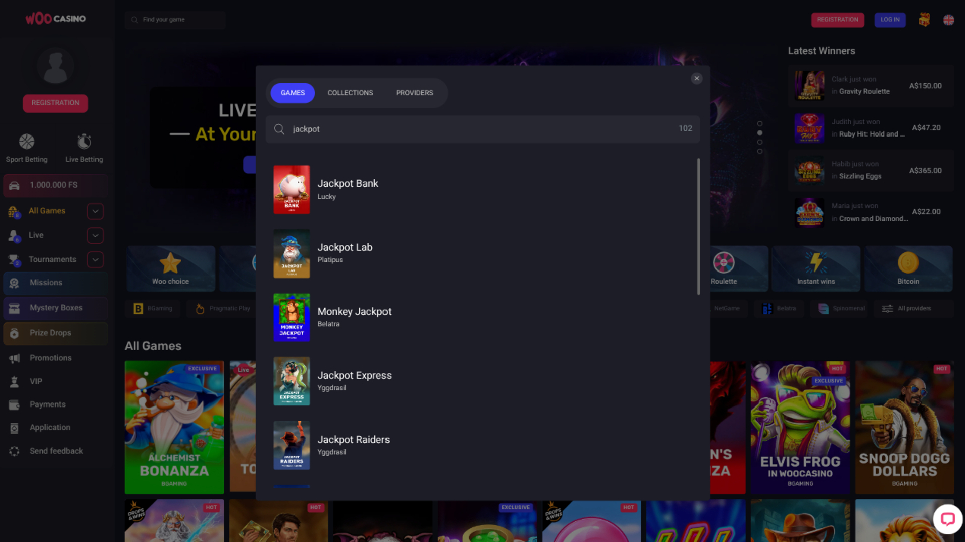 Джекпот Woo Casino для компьютера