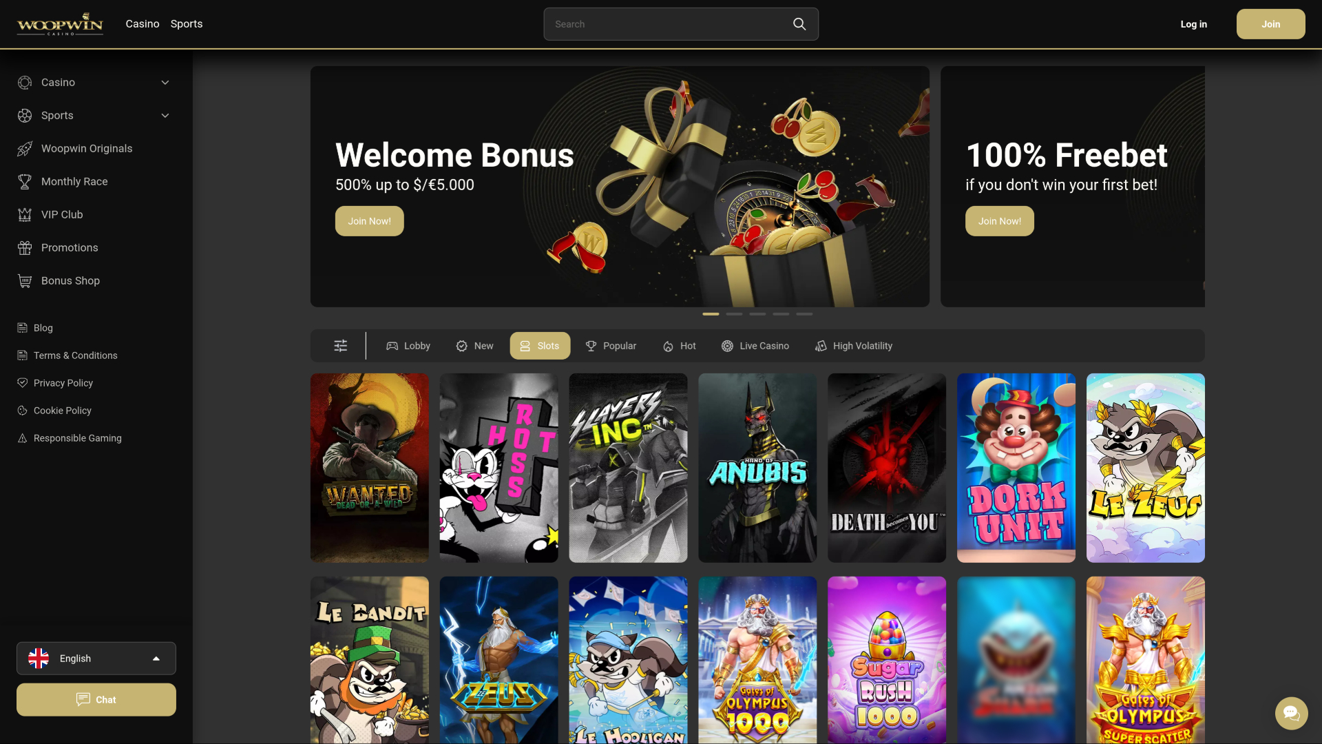Página inicial do Woopwin Casino para computador