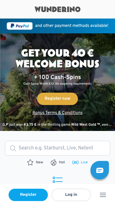 Página de inicio móvil de Wunderino Casino