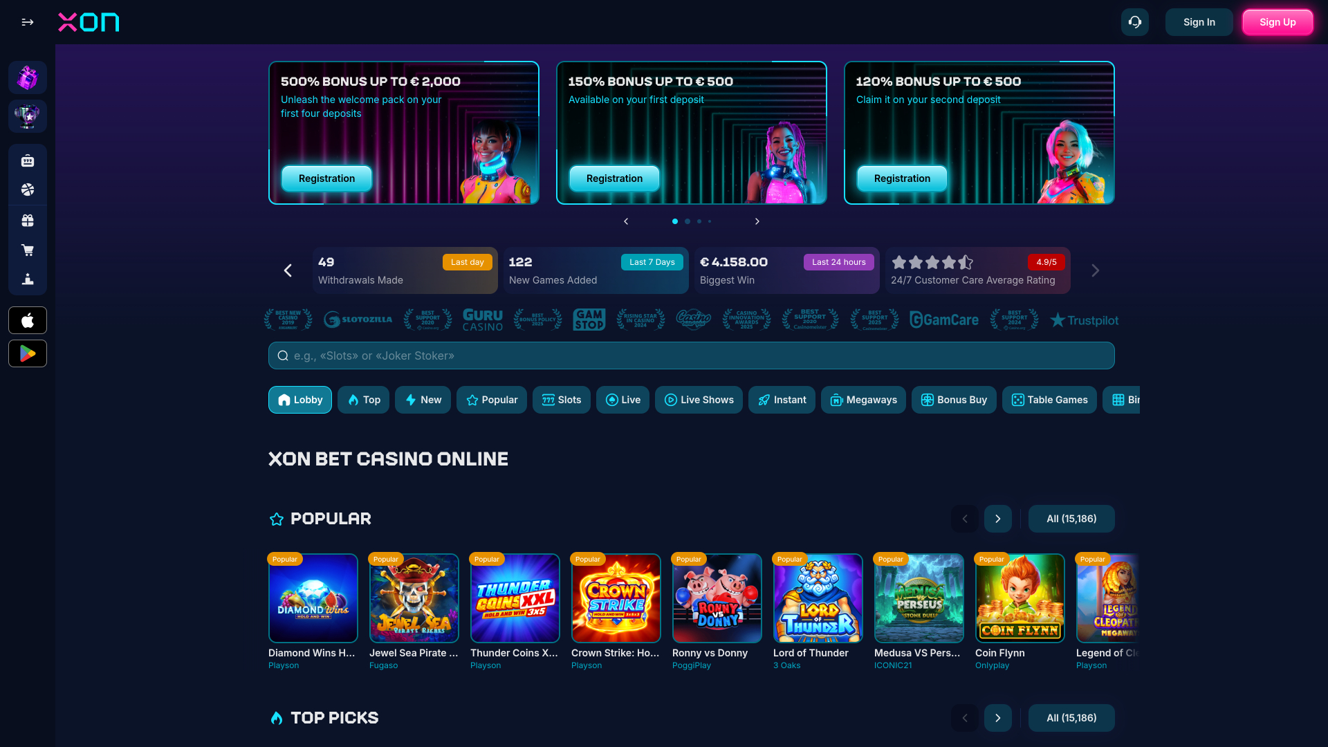 Página de inicio de escritorio del casino Xonbet