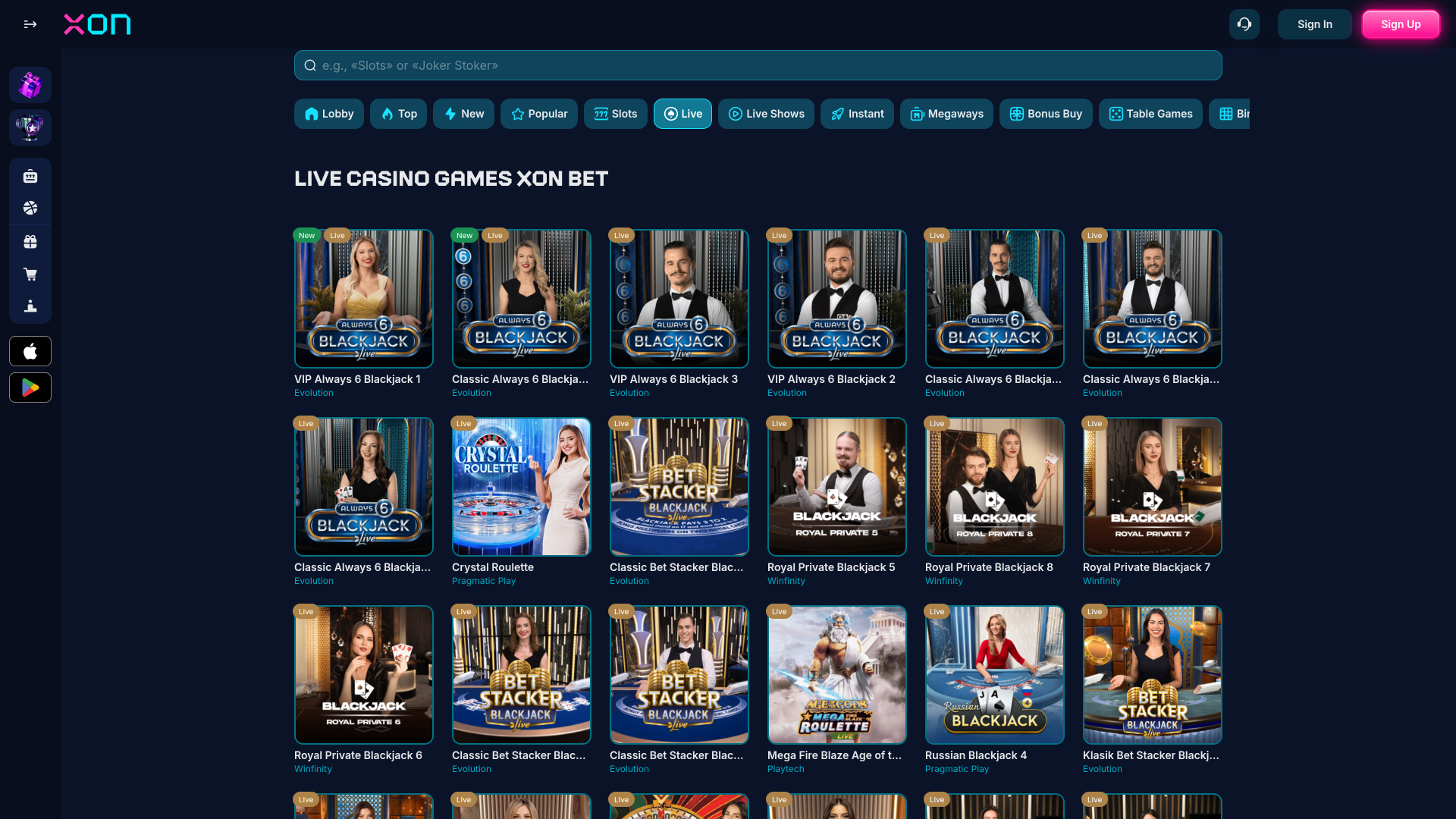 Casino Xonbet para escritorio con crupier en vivo