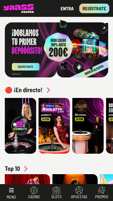 Homepage mobile di Yaass Casino