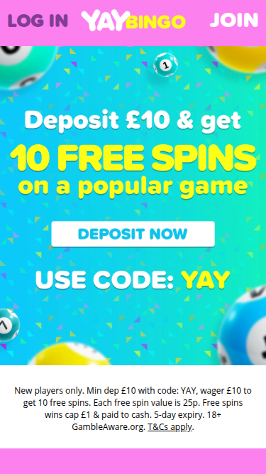 Homepage mobile di Yay Bingo Casino