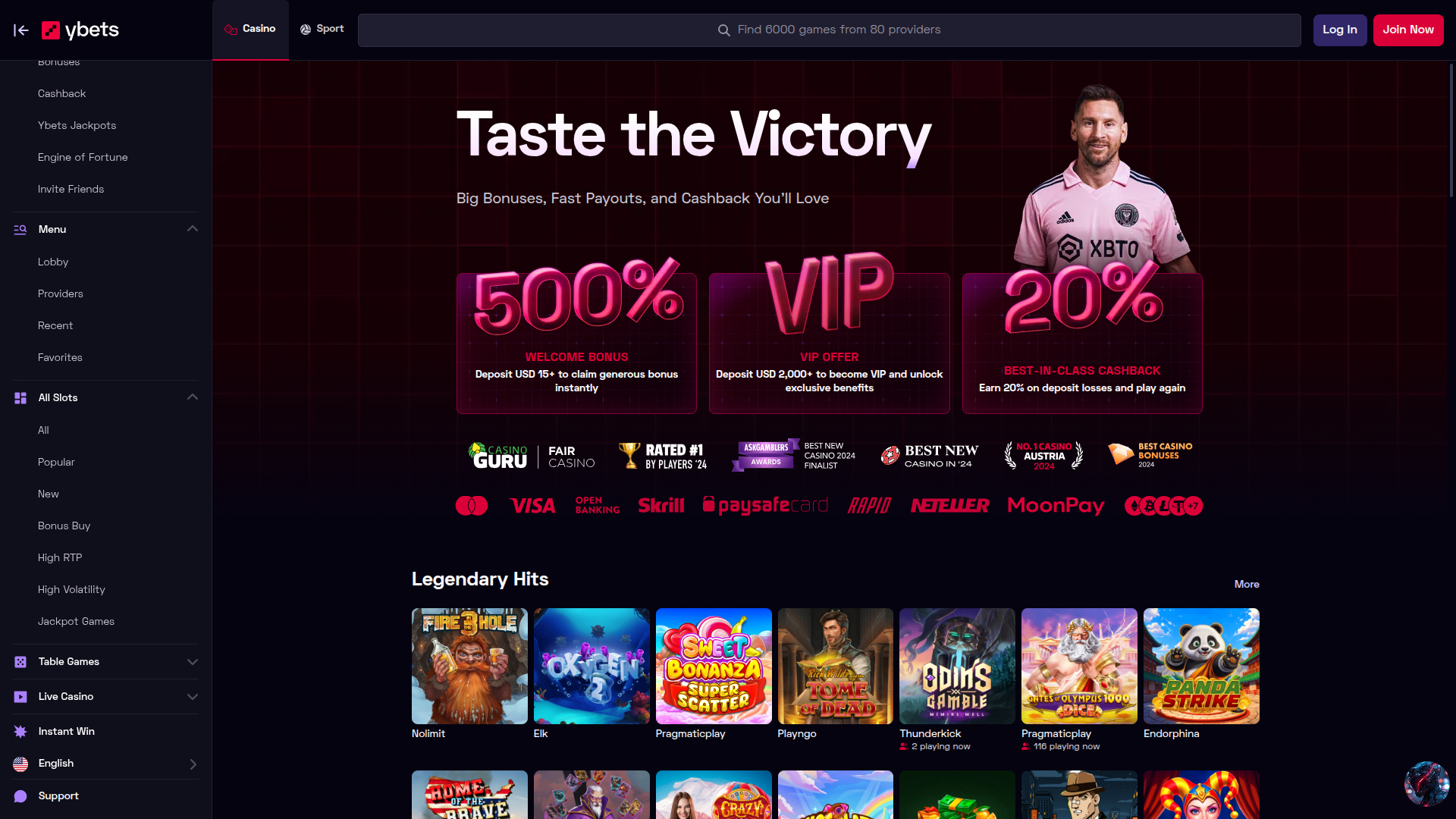 Homepage desktop di Ybets Casino