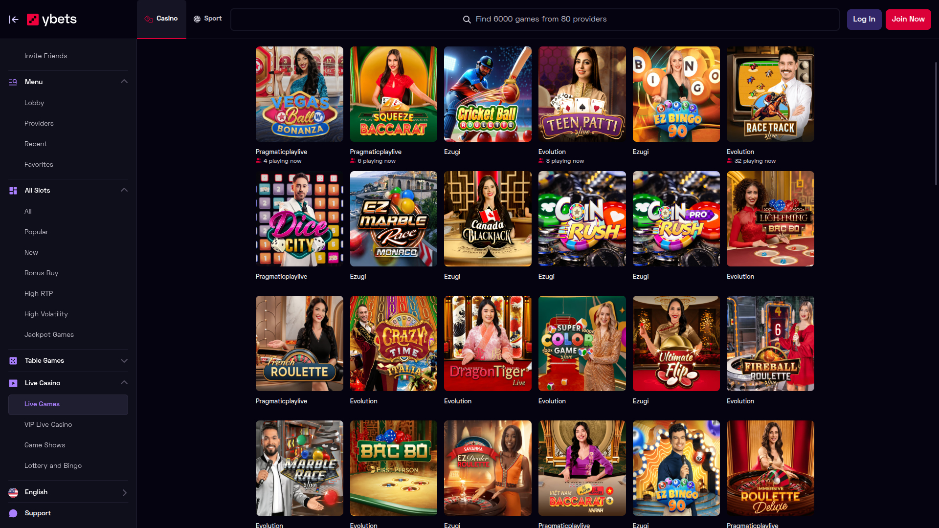 Casinò live desktop di Ybets Casino